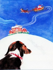 Bonnie, Beagle, Dog, Christman house, Santa in Sleigh pulled by Beagle, Watercolor Painting, Card Illustration